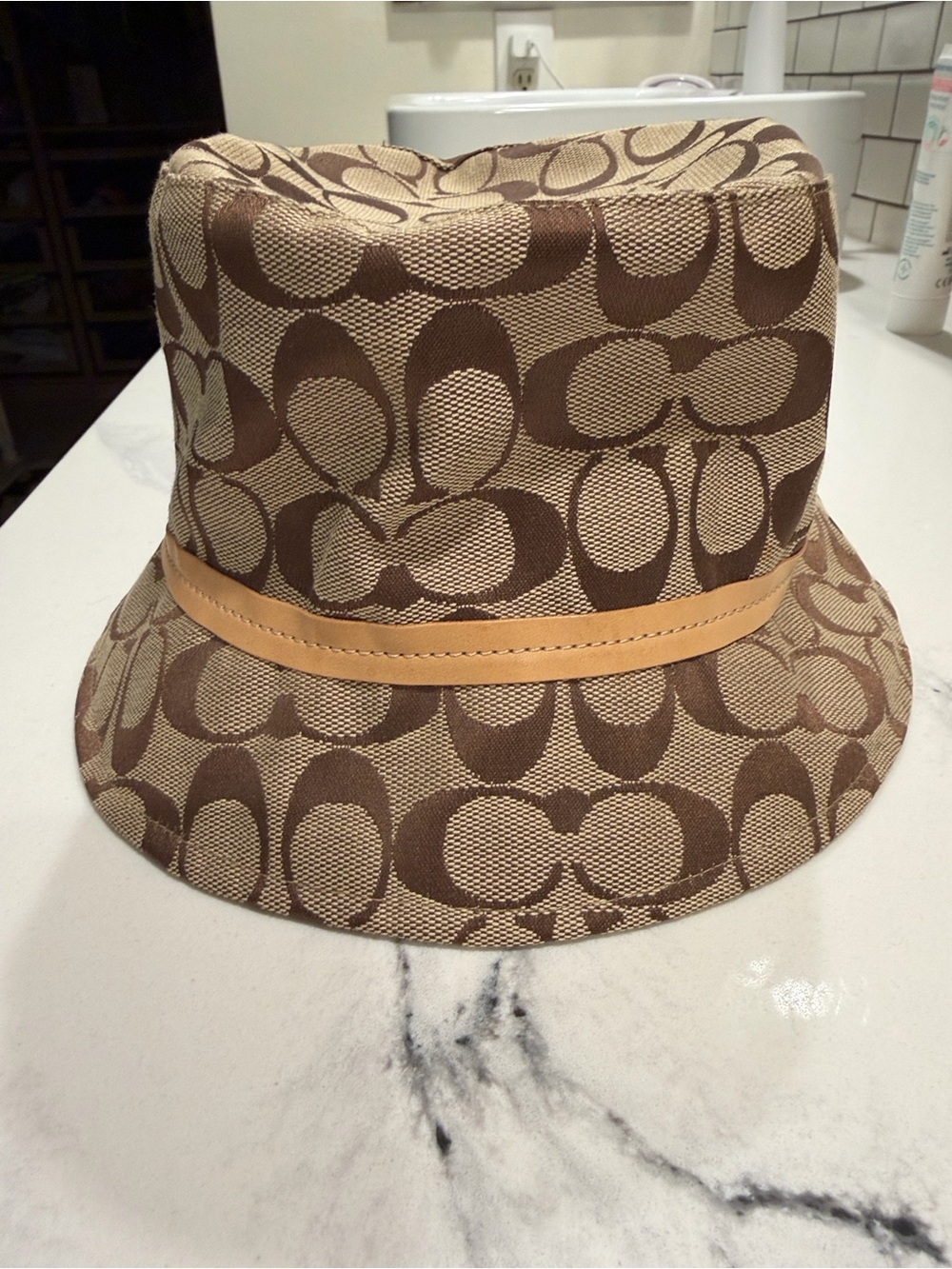 Coach Brown Signature Logo Bucket Hat with Tan Leather Band